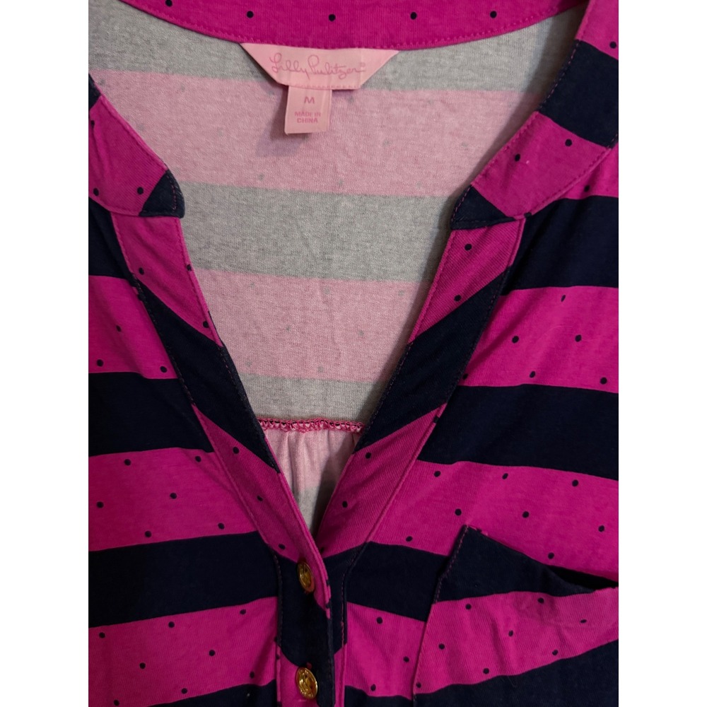 Lilly Pulitzer Pink Navy Blue Striped Polka Dot Elastic Waist Knit Dress Medium